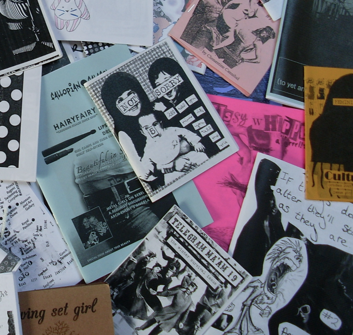 array of zines in black and white, blue, and pink